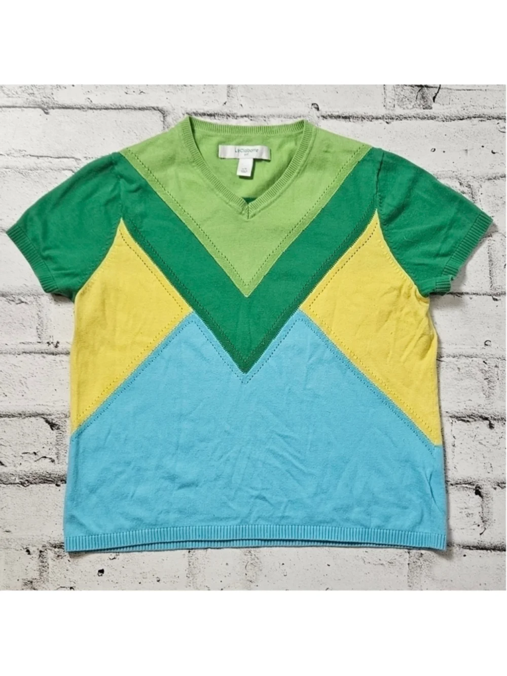 Liz Claiborne Golf Colorblock Knit Sweater Top Green Yellow Blue Size L